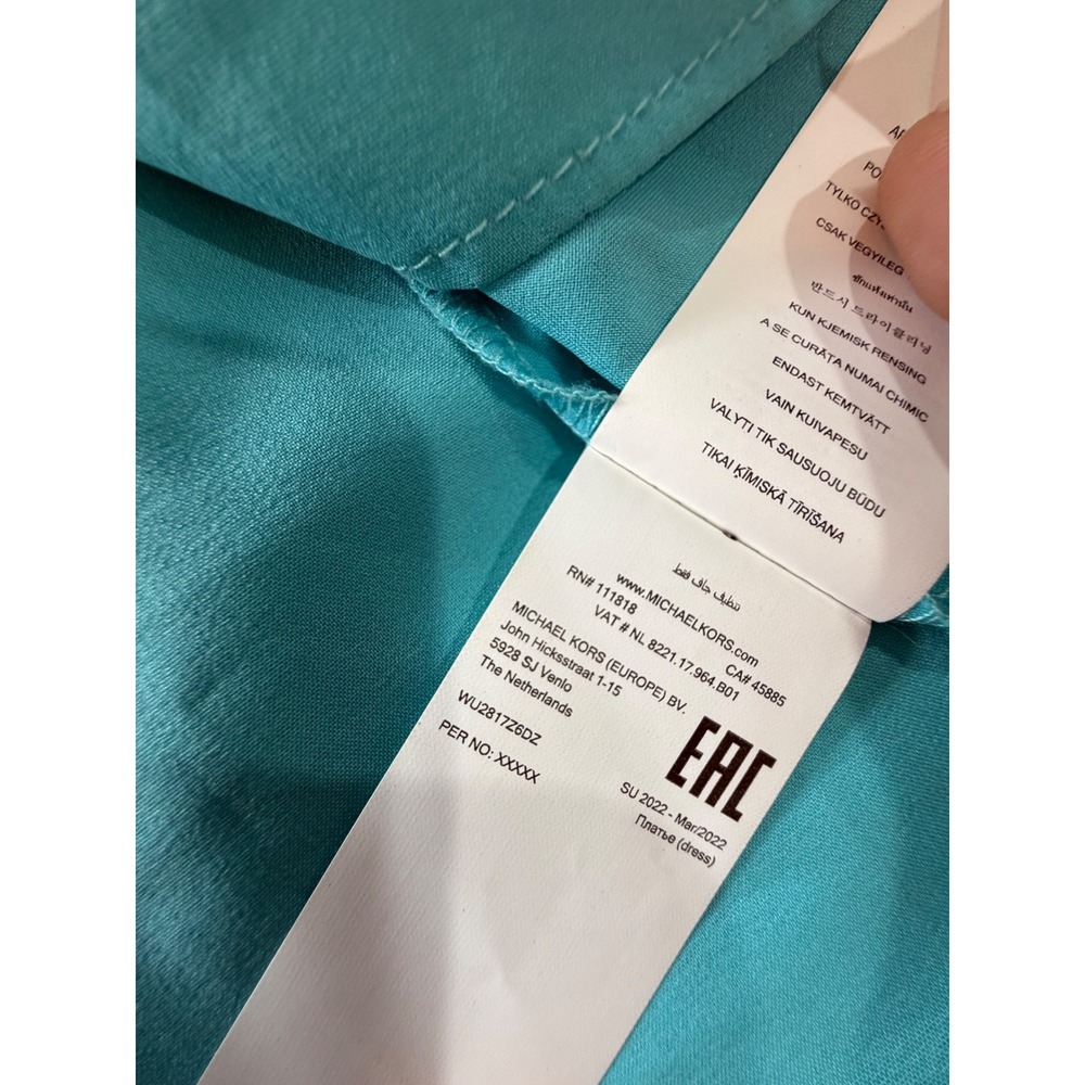Michael Kors Turquoise Metallic Silver Palm Cold Shoulder Smocked Dress 2X - Picture 6 of 10